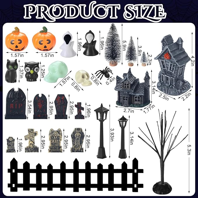 56 Pcs Halloween Village Accessories Set Halloween Haunted House Village Set Miniature Tombstones Tree Fake Spiders Fence Streetlamp Figurines for Home Table Party Decor-Ruum Studio Home