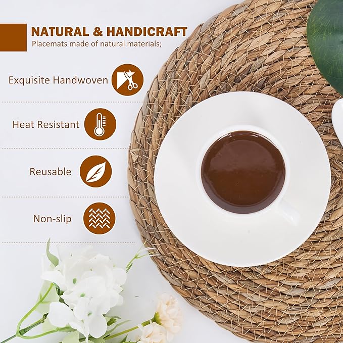 Defined Deco Woven Placemats Set of 10,12" Round Rattan Placemats,Natural Hand-Woven Water Hyacinth Placemats,Farmhouse Weave Place Mats,Rustic Braided Wicker Table Mats for Dining Table,Home,Wedding.-Ruum Studio Home
