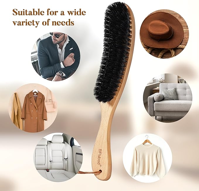 BFWood Clothes Brush - Boar Bristle Hat Brush Lint Brush for Suits, Cashmere, Wool, Velvet, Suede and Pet Hair - Large Beech Handle-Ruum Studio Home