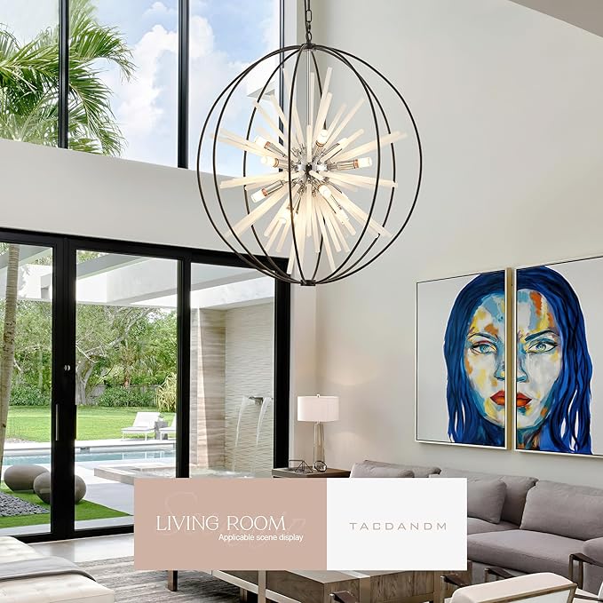 31.5" Black Chrome 16-Light Globe Sputnik Chandelier Modern Adjustable Hanging Ceiling Glass Tube Pendant Light Fixture for Entryway Foyer Stairway Dining Living Room Hallway-Ruum Studio Home