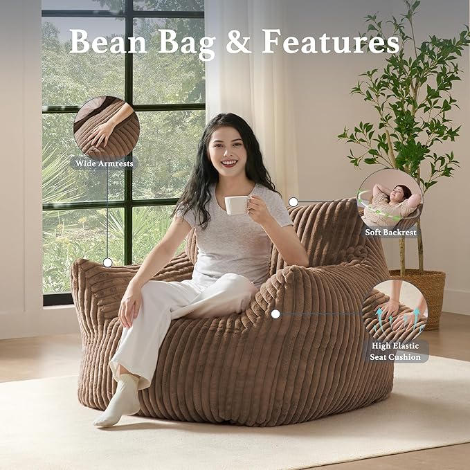 Giant Plush Bean Bag Chair for Adults with Armrests - Oversized Comfy Khaki Beanbag Lounge Lazy Floor Sofa Chair for Living Room, Bedroom & Dorm, Cozy Fluffy Single Cloud Mini Couch-Ruum Studio Home