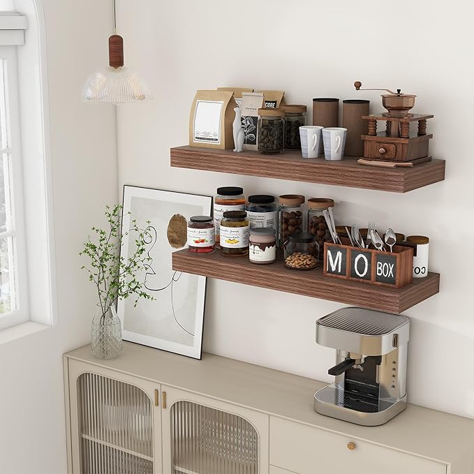 Deep Floating Shelves for Wall, 36'' x 12'' Rustic Large Floating Shelves Set of 2, 12 Inch Deep Walnut Wood Wall Shelves for Living Room Bathroom Laundry Room Bedroom Kitchen Home Office - Walnut-Ruum Studio Home