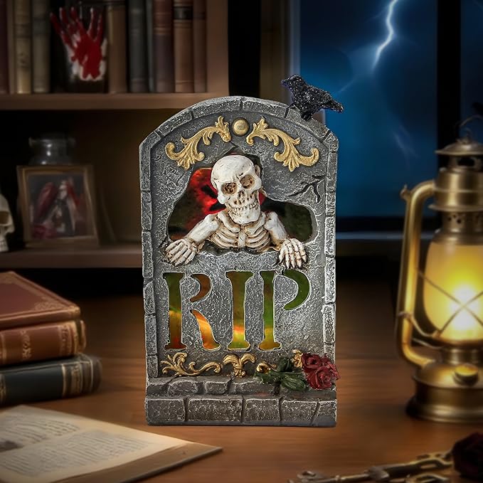 Halloween Decoration Indoor 7.6″ Tombstone Statue with LED Lights Spooky Skull Head Gravestone Skeleton RIP Lighting Changes Halloween Village for Table Shelf Home Party Outdoor Decor Gifts-Ruum Studio Home
