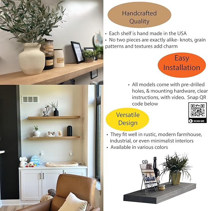 joelsantiques Floating Shelf, Wood Wall Shelf, Natural Wooden Home Decor for Bathroom Kitchen Bedroom, Hanging Mounted Invisible Bracket (Medium Brown, 7" Deep x 72" Wide)-Ruum Studio Home