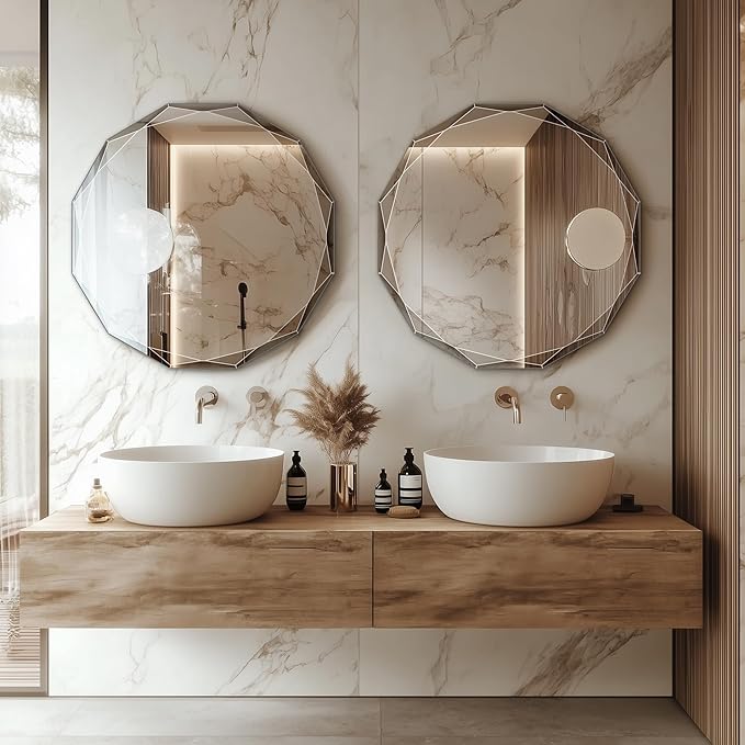 Bathroom Mirror for Wall, 24" x 24" Circle Bathroom Vanity Mirror, Beveled Edge Frameless Wall Mount Vanity Mirror, Decorative Round Irregular Beveled Edge-Ruum Studio Home