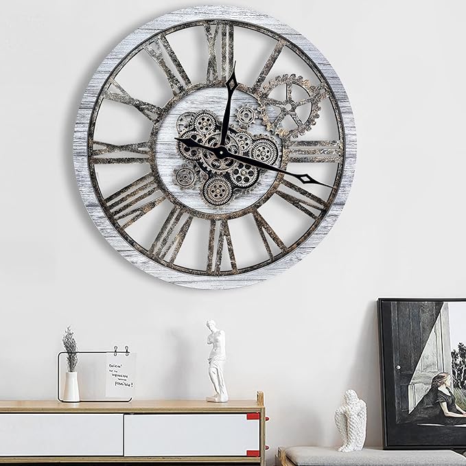 The B-Style Large Real Moving Gears Wall Clock 30 inch Rustic Retro Industrial Farmhouse Wood Clock Oversized Decorative Vintage Wall Clocks for Living Room (Gray White, 30 Inch/76CM)-Ruum Studio Home
