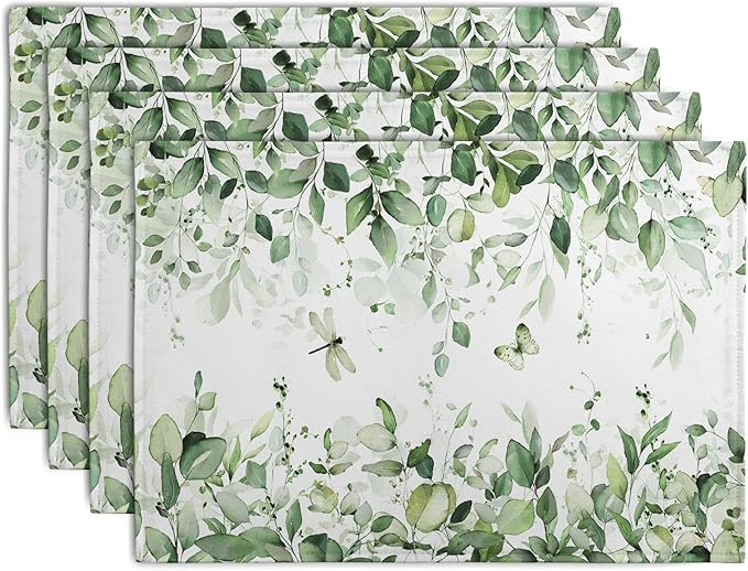 Sage Green Leaf Placemats Set of 4 Eucalyptus Leaves Place Mats 12×18 Inch Spring Summer Rustic Vintage Farmhouse Washable Linen Fabric Table Mats for Party Kitchen Dining Outdoor Indoor Decor-Ruum Studio Home
