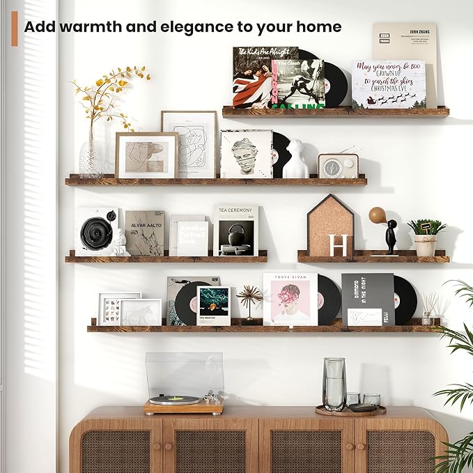 Fun Memories Picture Ledge Shelves Set of 2, 48 Inch Rustic Wall Mounted Floating Shelves with Lip for Home Storage and Décor in Bathroom, Kitchen, Nursery, Bedroom, Living Room, Brown-Ruum Studio Home