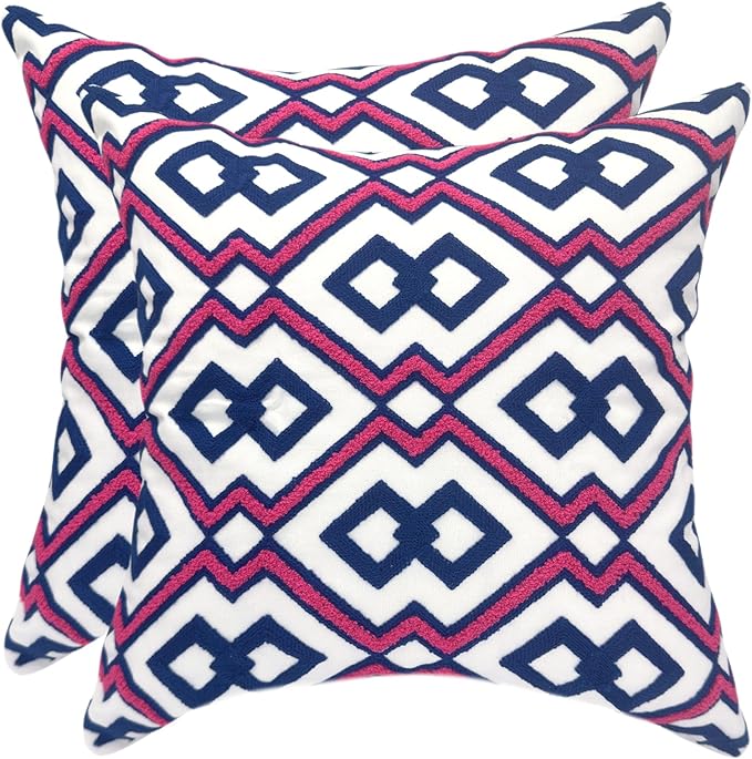 Alysheer Embroidered Decorative Throw Pillow Cover 18"x 18" Set of 2, Classic Boho Geometric Embroidery Pattern Cotton Rectangular Cushion Case for Sofa Couch Living Room Bedroom (Blue Pink)-Ruum Studio Home