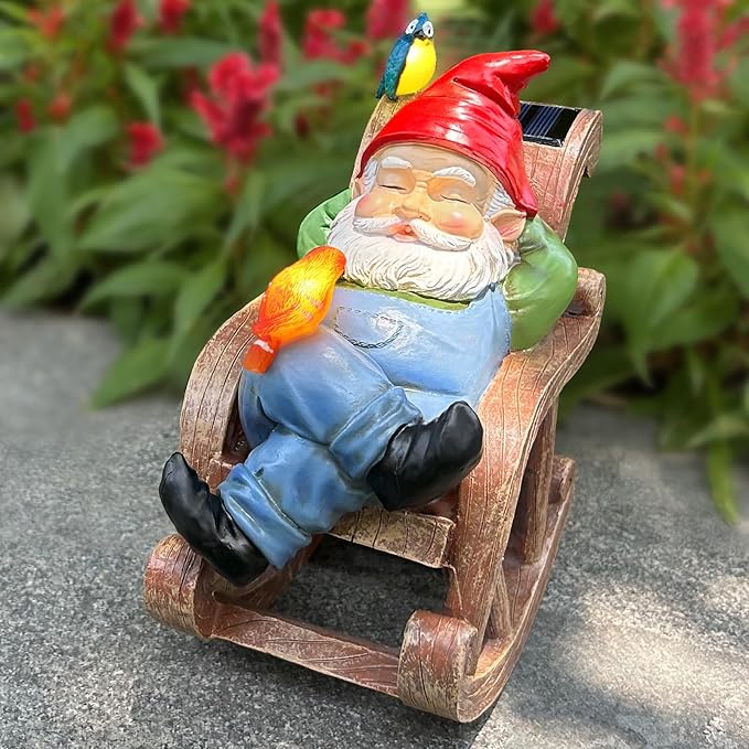 Solar Garden Gnome Statue Outdoor Decor, Patio Gnomes, Outside Yard Sculptures & Statues, Resin Figurines Gift for Women, Mom, Grandma-Ruum Studio Home