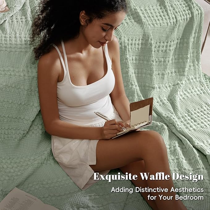PHF 100% Cotton Waffle Weave Blanket King Size, Soft Lightweight Breathable Cozy Summer Blankets for Bed, Luxury Aesthetic Woven Bedding for Home Decor, 108"x90", Sage Green-Ruum Studio Home