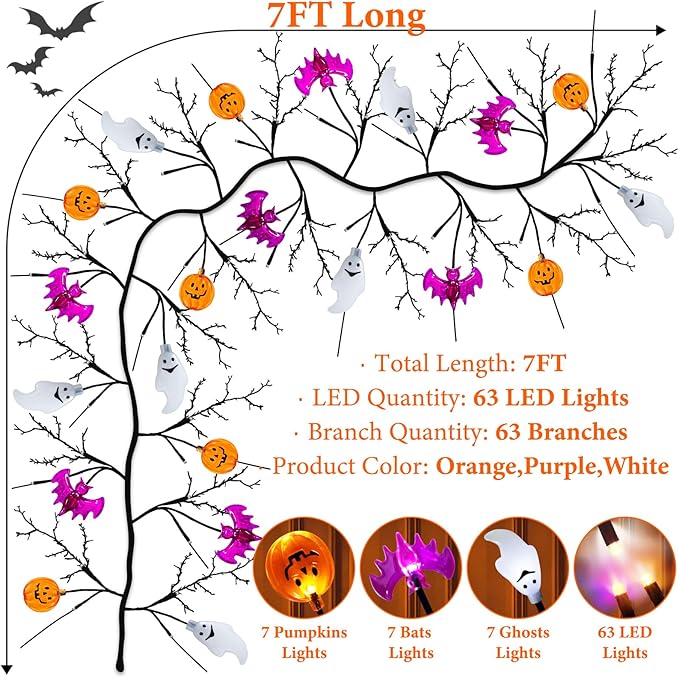 7 Ft 63 LED Halloween Willow Vine Twig Garland with 8 Modes Timer Orange Purple White Lights,7 Pumpkin Bat Ghost, Garland with Battery Operated for Wall Fireplace Halloween Decorations-Ruum Studio Home