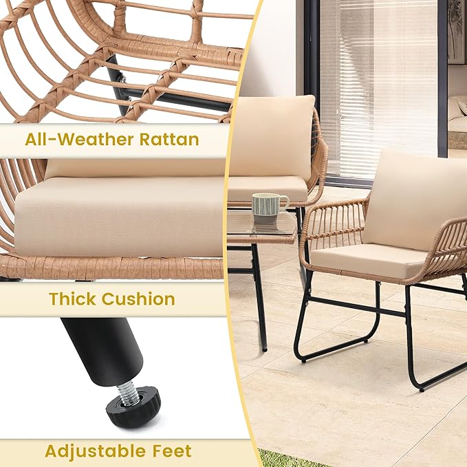 Kromax 4 Piece Patio Bistro Outdoor Furniture Set, Wicker Sofa, 2 Rattan Chairs, and Table, Backyard Conversation Set, All Weather Cushions, Natural Rattan Beige Cushion-Ruum Studio Home
