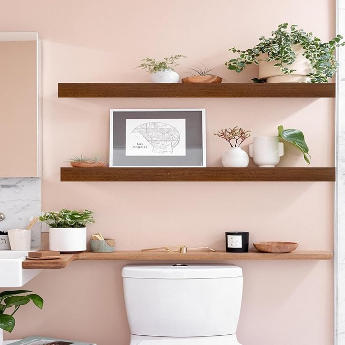 IAE Walnut Floating Wall Shelves 36 inch, Bathroom Shelves Wall Mounted,Invisible Shelves Floating Kitchen Shelves,Wooden Wall Shelves with Brackets for Living Room Wall Mounted,Easy Install,Set of 2-Ruum Studio Home