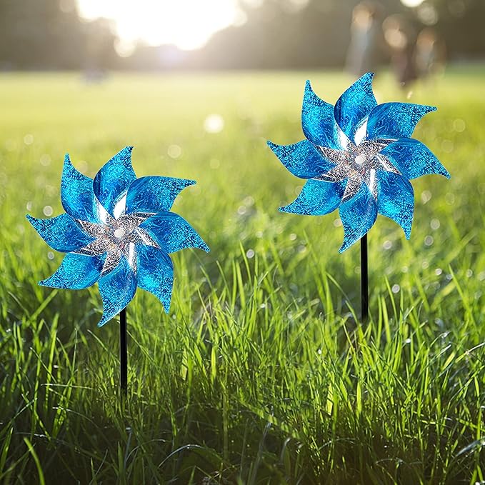 Hausse 10 Pack Reflective Pinwheels with Stakes, Extra Sparkly Pin Wheel for Garden Decor, Bird Repellent Devices Deterrent to Scare Birds Away from Yard Patio Farm, Blue-Ruum Studio Home