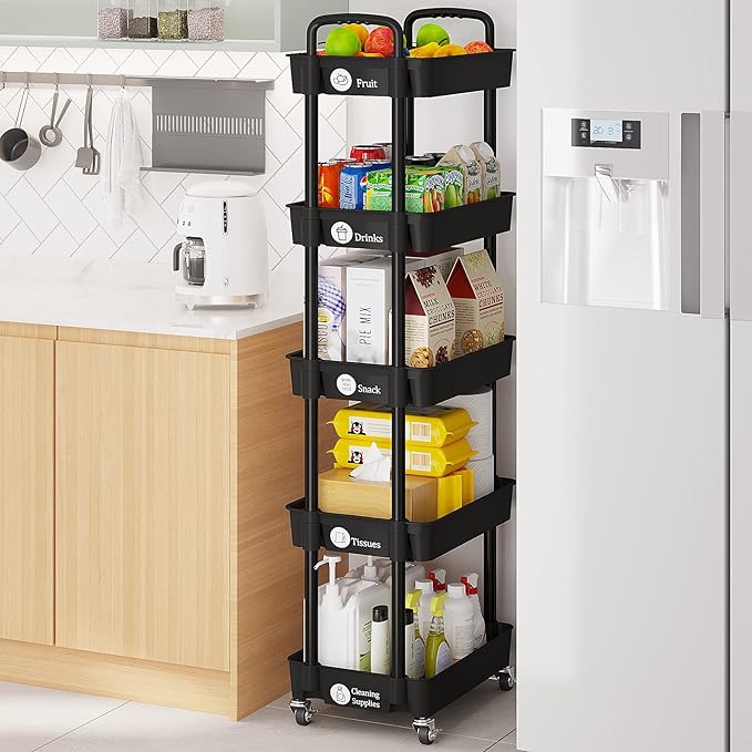 Laiensia Storage Cart,Multifunction Utility Rolling Cart Kitchen Storage Organizer,Mobile Shelving Unit Cart with Lockable Wheels for Bathroom,Laundry,with Classified Stickers-Ruum Studio Home