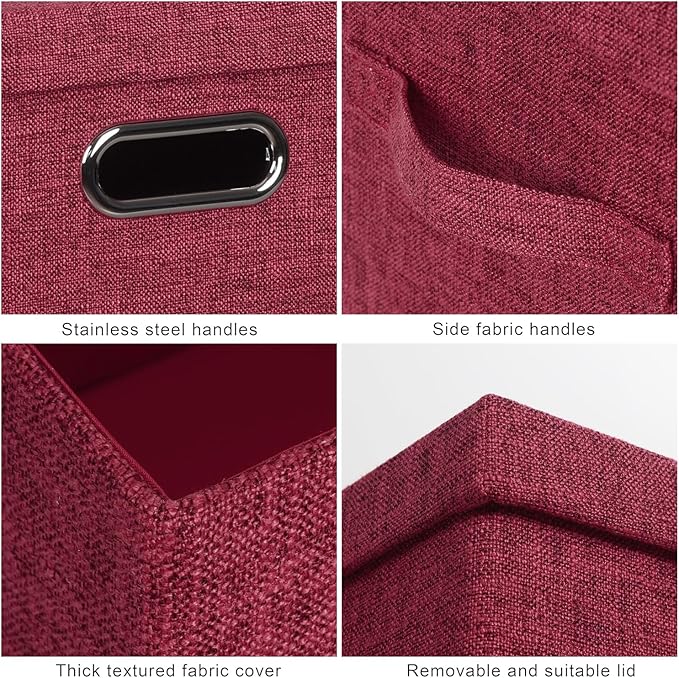 Large 17" 36 Quart Collapsible Stackable Storage Bins with Lids, 3 Packs Bright Red Linen Fabric Closet Boxes with Lids, Storage Cube Baskets Container Organizers for Office (17x12x11)-Ruum Studio Home