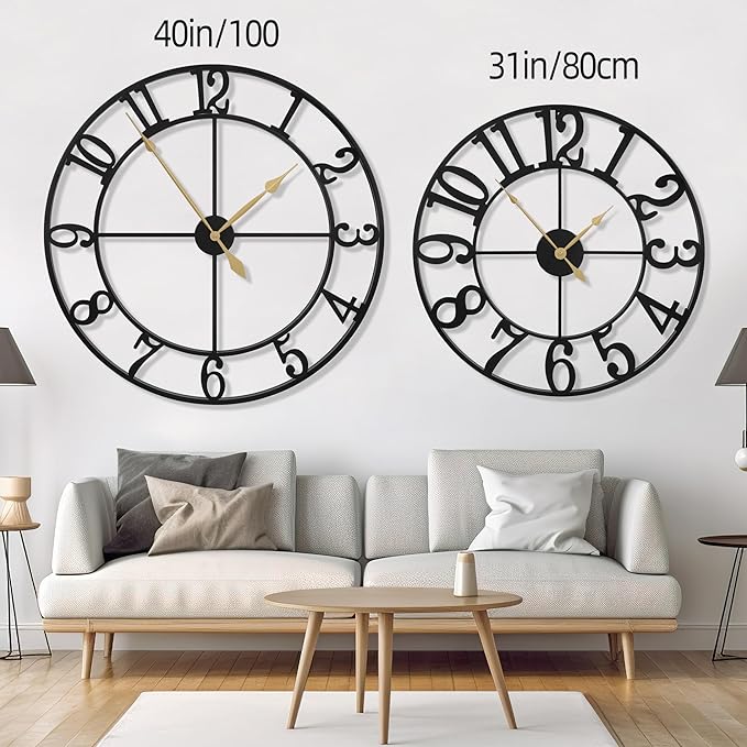 LEIKE 31 Inch Extra Large Wall Clock, Retro Decorative Oversized Silent Little Ticking Battery Operated,Black Metal Arabic Numerals Wall Clocks for Living Room,Office,Entrance Farmhouse Decor-Ruum Studio Home