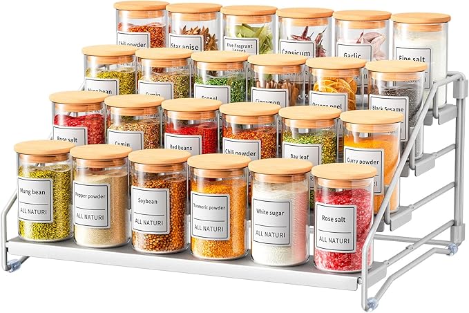RCHYFEED 4 Tier Spice Rack Organizer, Spice Organization for Cabinet,Pantry, Countertop,Tiered Spice Rack Easy Visibility,Depth Expandable Seasoning Shelf for Kitchen Cabinet Organizer,Silver-Ruum Studio Home