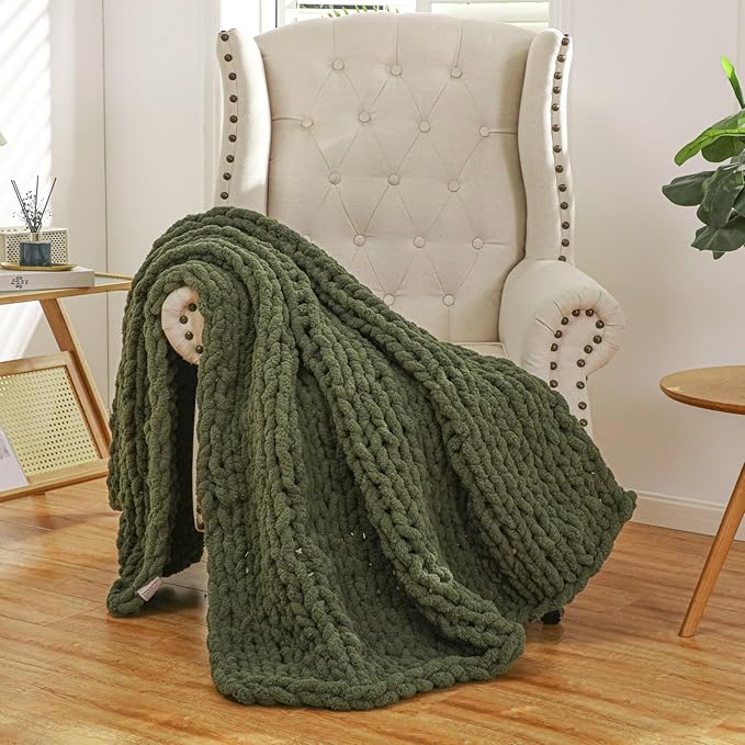 WESHIONGOO Chunky Knit Blanket Throw 50"×60" Knitted Throw Blankets for Couch Bed Fluffy Soft Blanket with Jumbo Chenille Yarn Thick 100% Handmade (Olive Green)-Ruum Studio Home