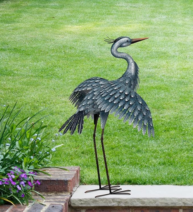 Regal Art & Gift Outdoor Garden Décor, Unique Bird Sculpture, Rustic Metal Bird Statues, Garden Ornaments, Bird Figurine for Lawn, Decorative Sculpture, Heron, Blue, Wings Down, 41"height-Ruum Studio Home