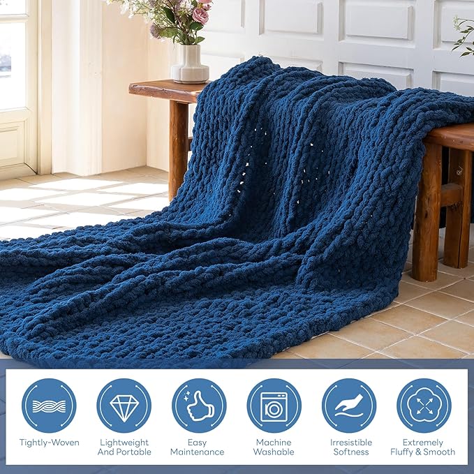 Chunky Knit Blanket - Luxury Soft Cozy 60 * 80 Throw Blanket,100% Woven Blanket Rope Knot Throw Blanket for Couch, Sofa, Home Decor, Gift - Machine Washable（Deep Blue）-Ruum Studio Home