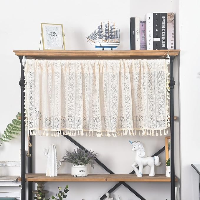 Sutuo Home Boho Sheer Curtain Valance Crochet Lace with Bohemian Hollow Knitted Handmade Tassels, Short Rustic Window Treatment for Kitchen Cafe, Rod Pocket, 1 Panel 59" W x 24" L,Beige-Ruum Studio Home