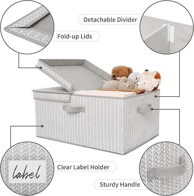 GRANNY SAYS Closet Storage Bins with lids, Fabric Storage Box with Lid, Clothes Bins Storage for Closet, Shelf Baskets for Living Room Wardrobe Shelves, Jumbo, Gray/White, 1-Pack-Ruum Studio Home