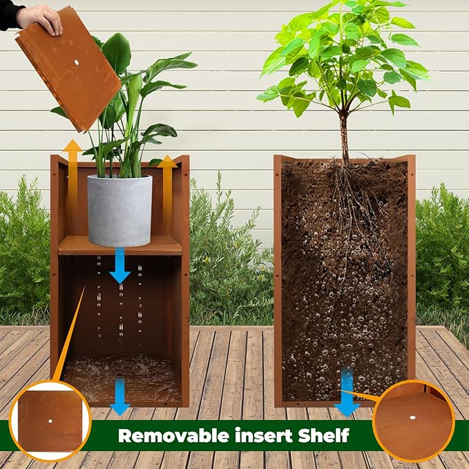 Corten Steel Metallic Heavy Planter for Outdoor Plants 14"x14"x30" Metal Planter Spliced Flower Pot with Partitions for Outside,Indoor,Garden (Corten, 14 * 14 * 30)-Ruum Studio Home