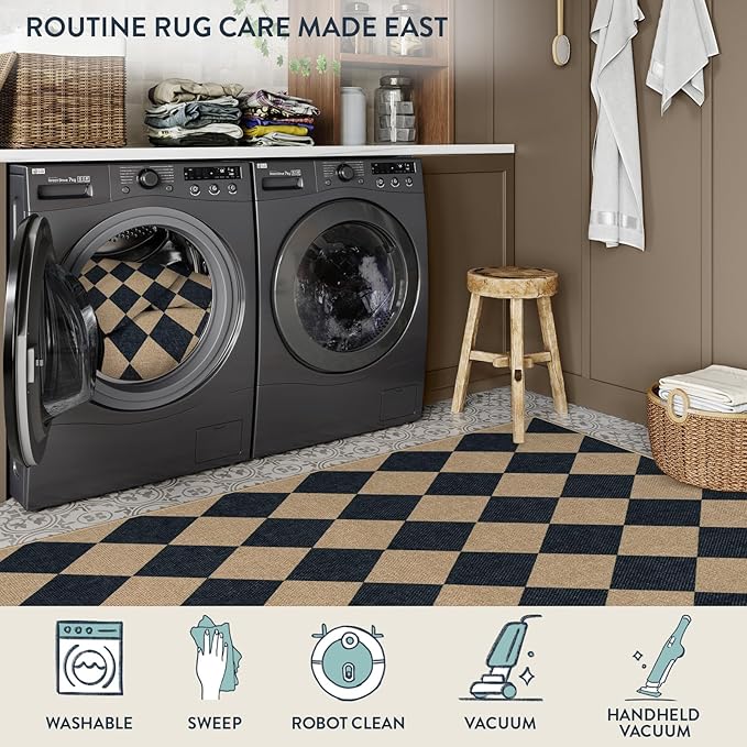 Lahome Checkered Round Entryway Rug 4ft, Circle Indoor Outdoor Patio Rug Washable Farmhouse Easy Jute Kitchen Rugs, Contemporary Non Slip Round Carpet for Bedroom Front Porch-Ruum Studio Home