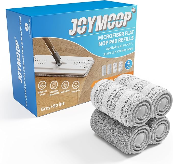 JOYMOOP Flat Mop Pads, Microfiber Mop Cleaning Pads, Washable Pads, Pads Replacement for JOYMOOP Flat Mop or Mop Bucket Set, Pack of 4 Refills 13inch - Grey and Stripe-Ruum Studio Home
