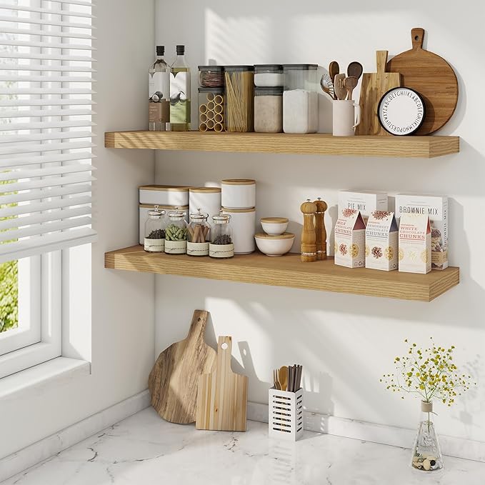 36 Inch Floating Shelves, 9.3 Inch Deep Rustic Wall Shelves - Extra Deeper Wall Mounted Storage Shelves for Bathroom, Kitchen, Living Room (Oak, Set of 2)-Ruum Studio Home