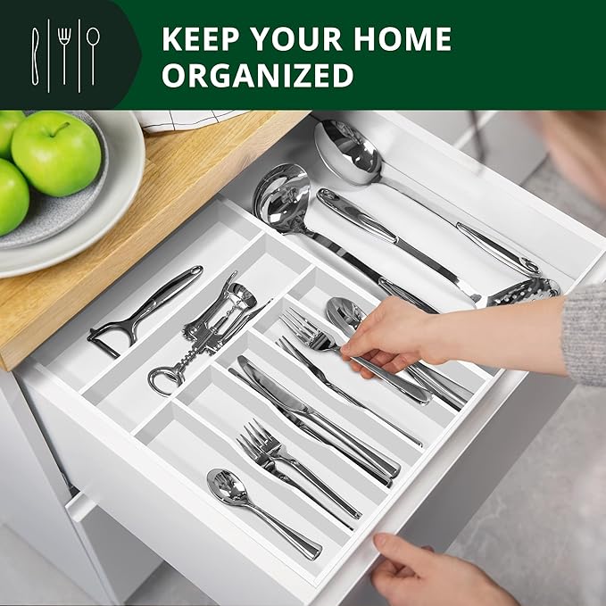 ROYAL CRAFT WOOD Luxury Bamboo Kitchen Drawer Organizer - Silverware Organizer - Utensil Holder and Cutlery Tray with Grooved Drawer Dividers for Flatware and Kitchen Utensils (7 Slot, White)-Ruum Studio Home