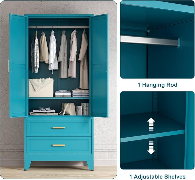 71'' Farmhouse Metal Wardrobe Cabinet with Hanging Rod, 2 Barn Door Wardrobe Closet with Adjustable Shelves,2 Drawer,for Dining Room,Bedroom,Living Room, Cloak Room,Office (Peacock Blue)-Ruum Studio Home
