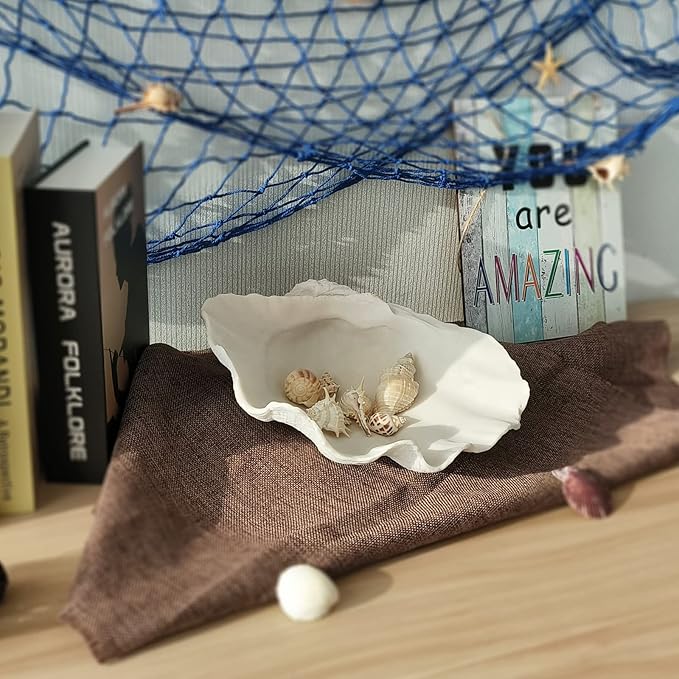 Accessoryway Large White Sea Shells Decorative Bowl Resin Clam Shell Bowl Beach Decorations for Home Coastal Beach Decor Decoration Storage Bowls & Home Office Nautical Themed Party Decor -10.2"-1PC-Ruum Studio Home