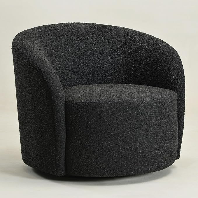 KINWELL Sherpa Swivel Barrel Chair & Round Ball Pillow Set - 34" Wide Modern Boucle Accent Chair with 9” Matching Nordic Decorative Throw Pillow for Living Room and Bedroom(Black)-Ruum Studio Home