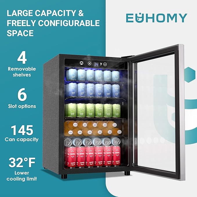 EUHOMY 4.5 Cu.ft Beverage Refrigerator and Cooler, 145 Can Mini fridge with Glass Door for Soda Beer Wine, Small Drink Dispenser with Digital Adjustable Thermostat for Home Office Bar-Ruum Studio Home