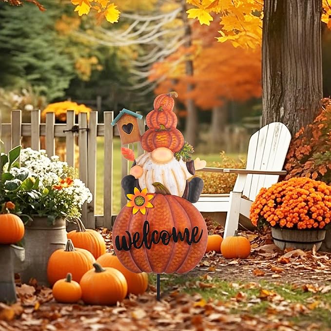 TERESA'S COLLECTIONS Fall Gnome Pumpkin Decorations for Outdoor Home, Metal Fall Decor Welcome Signs Stakes, Orange Autumn Yard Decor for Thanksgiving, Harvest Garden Patio Gift for Mom 25"-Ruum Studio Home