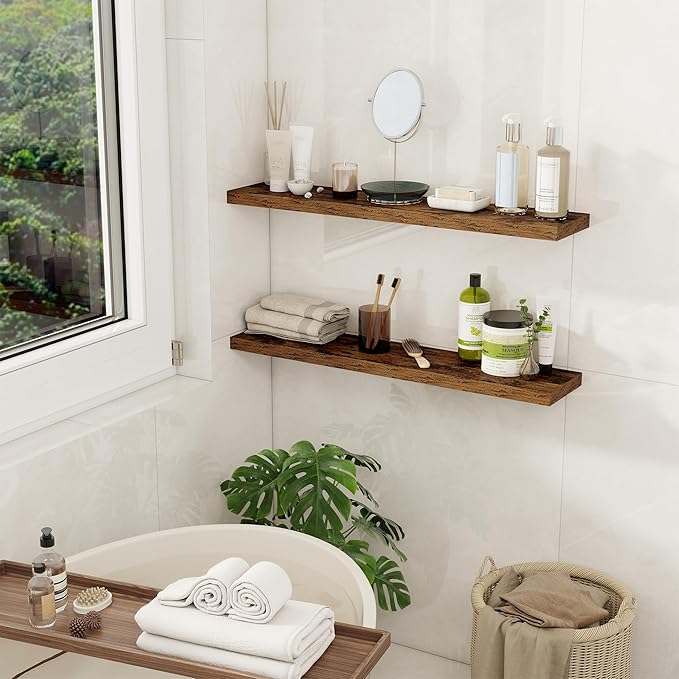 32Inch Floating Shelves for Wall 2 Pack Wood Shelves for Kitchen, Bathroom, Bedroom Wall Mounted Rustic Wood Floating Shelf with Invisible Brackets for Books, Storage, Decor, Rustic Brown-Ruum Studio Home