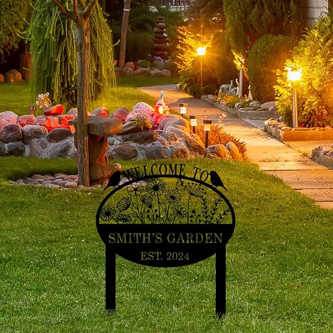 Custom Metal Flower Sign with Stakes - Personalized Garden Decor, Housewarming Gift - Large Yard Sign Plaque-Ruum Studio Home