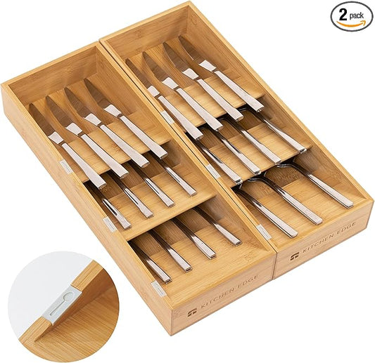 Premium Cutlery, Flatware, and Silverware Drawer Organizer – Slanted 3-Compartment Design with Labeled Slots, Non-Slip Feet, 100% Sustainable Bamboo, 2 Pack-Ruum Studio Home