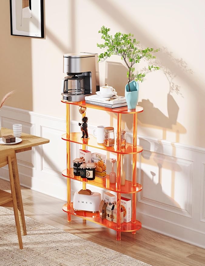 Clear Bookshelf, Acrylic Bookcase with Open Book Shelf for Office Living Room Bedroom (4 Tier Orange)-Ruum Studio Home