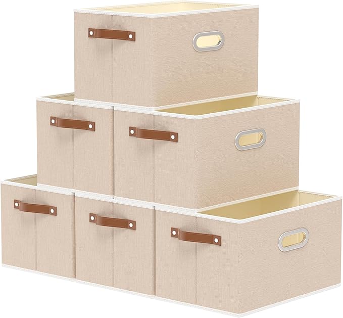 Yawinhe Fabric Storage Bins with Handles, Foldable Baskets for Shelves, Cubes with 3 Handles, Large Boxes for Clothes, Beige, 16.9''Lx11.8''Wx10.2''H, 6-Pack-Ruum Studio Home