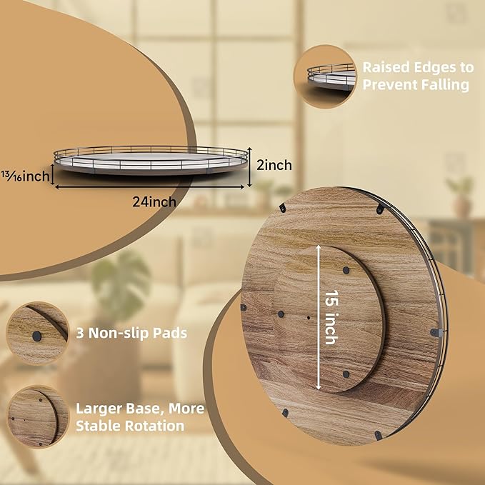 Acacia Wood 24" Lazy Susan Turntable Organizer for Table Top, Farmhouse Extra Large Round Lazy Susan for Serving Kitchen Countertop Cabinet for Charcuterie Centerpiece, Bathroom Vanity Tray Decor-Ruum Studio Home