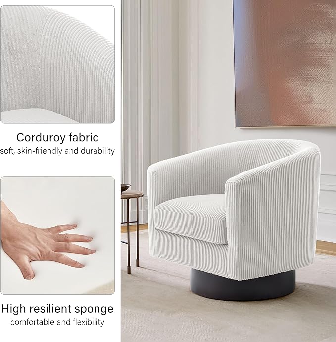 Swivel Barrel Accent Chair, Modern Round Corduroy Fabric Arm Chair for Living Room, Bedroom, Comfy Club Reading Chairs for Adults (Corduroy Beige, Set of 1)-Ruum Studio Home
