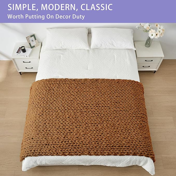 Bigacogo Chunky Knit Throw Blanket for Couch, 40x80 inches, 100% Hand Knitted with Thick Jumbo Chenille Yarn, Cozy Soft Large Rope Knot Cable Crochet Blankets for Sofa Bed Living Room, Caramel-Ruum Studio Home