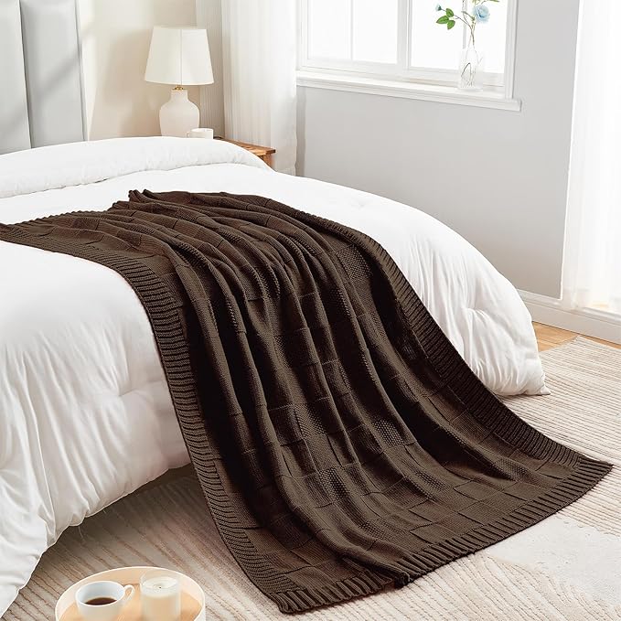 CozeCube Check Knit Throw Blanket, Dark Brown Checkered Throw for Couch, Decorative Christmas Soft Cozy Warm Knitted Blanket for Bed Sofa Living Room, 60"X80"-Ruum Studio Home