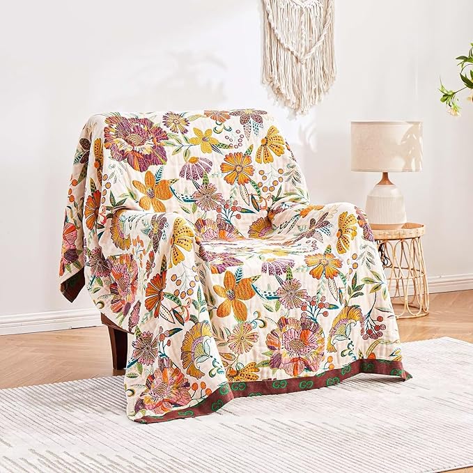 Boho Throw Blanket, 100% Cotton Ultra Soft Luxury Throw Rustic Quilt, 90"x98" Floral Printed Farmhouse Decor Bed Summer Blankets, All Season Rustic Reversible Bohemian Throw for Bed - White-Ruum Studio Home