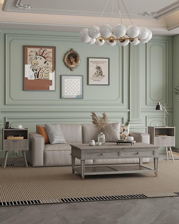 Nightstand,Modern Bedside Table with Storage Drawer and Open Wood Shelf, Accent Night Stand with Solid Wood Legs for Living Room, Bedroom and Small Spaces,Easy Assembly (Grey Oak-Outlet)-Ruum Studio Home