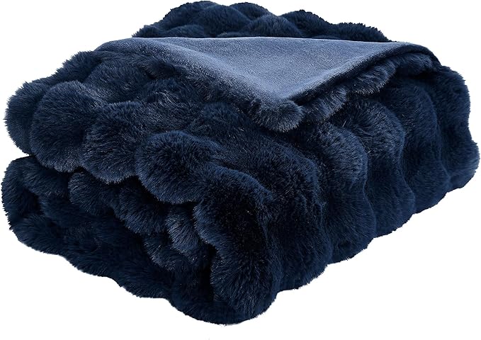 DREAMNINE Large Soft Thick Fuzzy Bubble Faux Rabbit Fur Blanket Full Size 70" x 80",Double Sided Comfy Plush Warm Shaggy Fluffy Blankets, Luxury Big Cozy Cute Textured Furry Blanket for Bed, Navy Blue-Ruum Studio Home